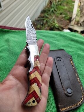 Custom Damascus Folding Knife with Red and Natural Wood Inlay